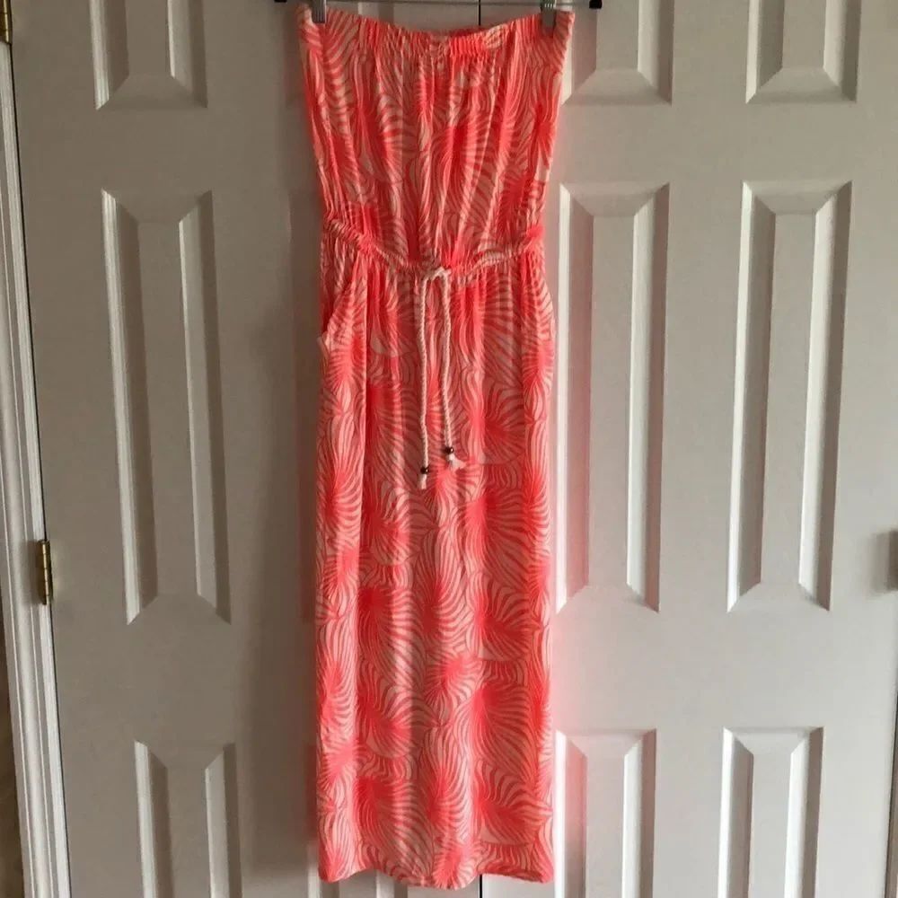 GAP Strapless Neon Pink Leaf Pattern Maxi Dress Size XS